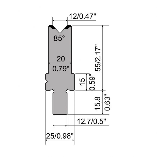 Matrize R5 American mit Arbeitshöhe=55mm, α=85°, Radius=1.5mm, Material=42cr, Max. Presskraft=1200kN/m.