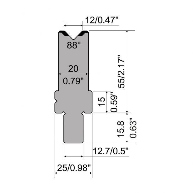 Matrize R5 American mit Arbeitshöhe=55mm, α=88°, Radius=1.5mm, Material=42cr, Max. Presskraft=1200kN/m.