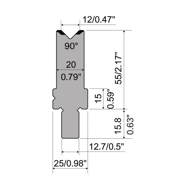 Matrize R5 American mit Arbeitshöhe=55mm, α=90°, Radius=1.5mm, Material=42cr, Max. Presskraft=1200kN/m.