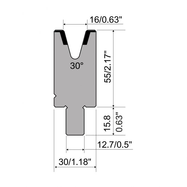 Matrize R5 American mit Arbeitshöhe=55mm, α=30°, Radius=2mm, Material=42cr, Max. Presskraft=450kN/m.