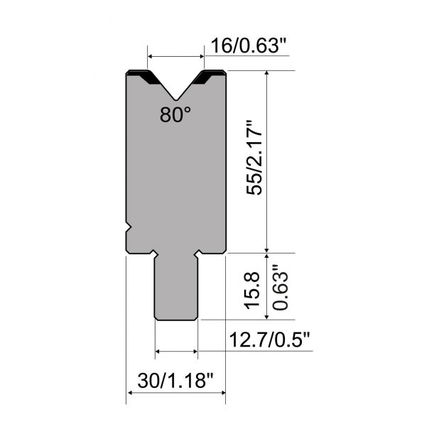 Matrize R5 American mit Arbeitshöhe=55mm, α=80°, Radius=2mm, Material=42cr, Max. Presskraft=1200kN/m.