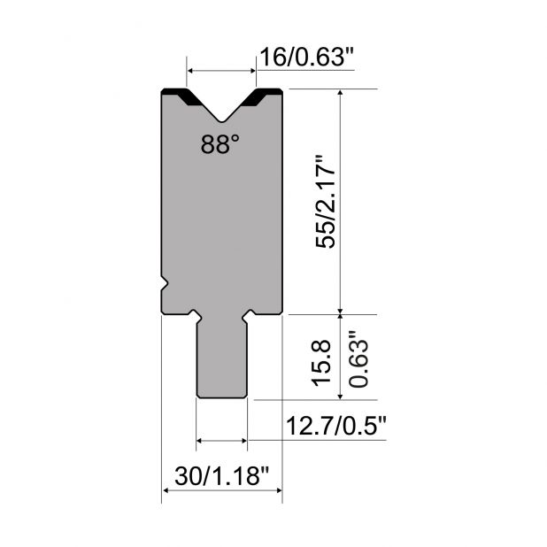 Matrize R5 American mit Arbeitshöhe=55mm, α=88°, Radius=2mm, Material=42cr, Max. Presskraft=1200kN/m.