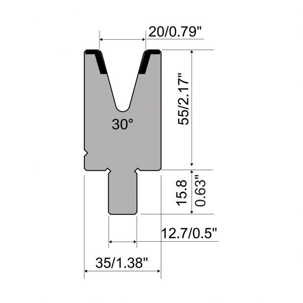 Matrize R5 American mit Arbeitshöhe=55mm, α=30°, Radius=2.5mm, Material=42cr, Max. Presskraft=500kN/m.