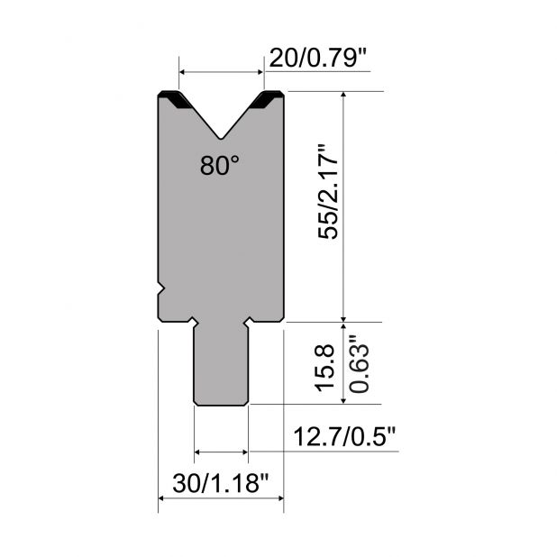 Matrize R5 American mit Arbeitshöhe=55mm, α=80°, Radius=2mm, Material=42cr, Max. Presskraft=1100kN/m.