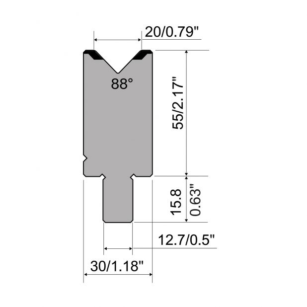 Matrize R5 American mit Arbeitshöhe=55mm, α=88°, Radius=2mm, Material=42cr, Max. Presskraft=1100kN/m.