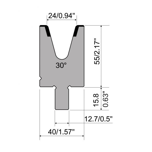 Matrize R5 American mit Arbeitshöhe=55mm, α=30°, Radius=3mm, Material=42cr, Max. Presskraft=550kN/m.