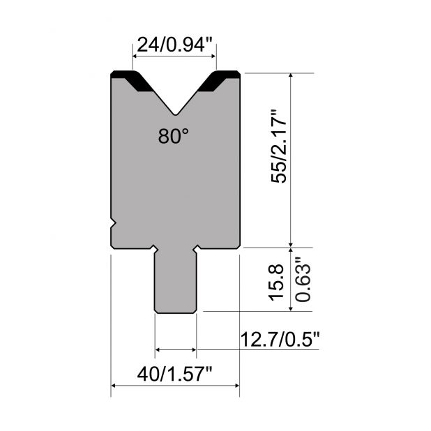 Matrize R5 American mit Arbeitshöhe=55mm, α=80°, Radius=3mm, Material=42cr, Max. Presskraft=1200kN/m.