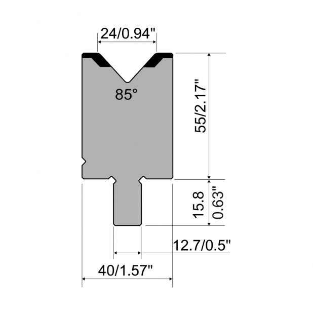 Matrize R5 American mit Arbeitshöhe=55mm, α=85°, Radius=3mm, Material=42cr, Max. Presskraft=1200kN/m.