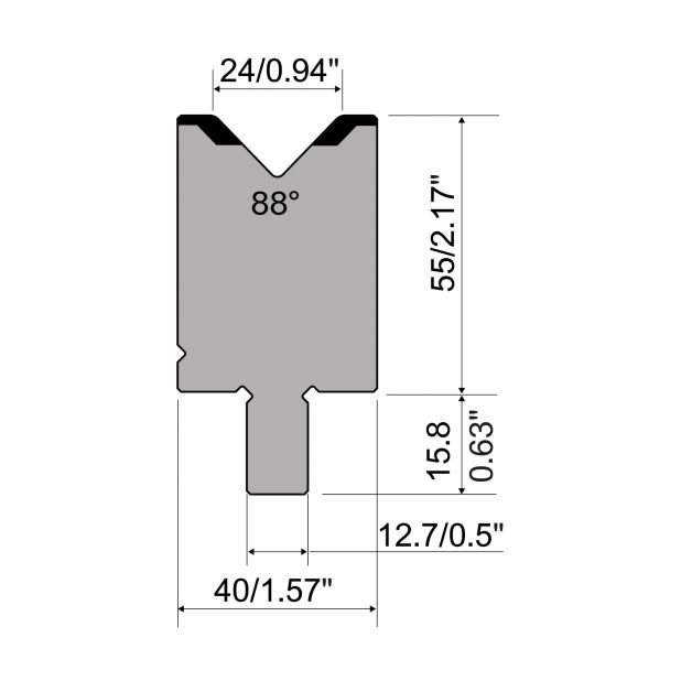 Matrize R5 American mit Arbeitshöhe=55mm, α=88°, Radius=3mm, Material=42cr, Max. Presskraft=1200kN/m.