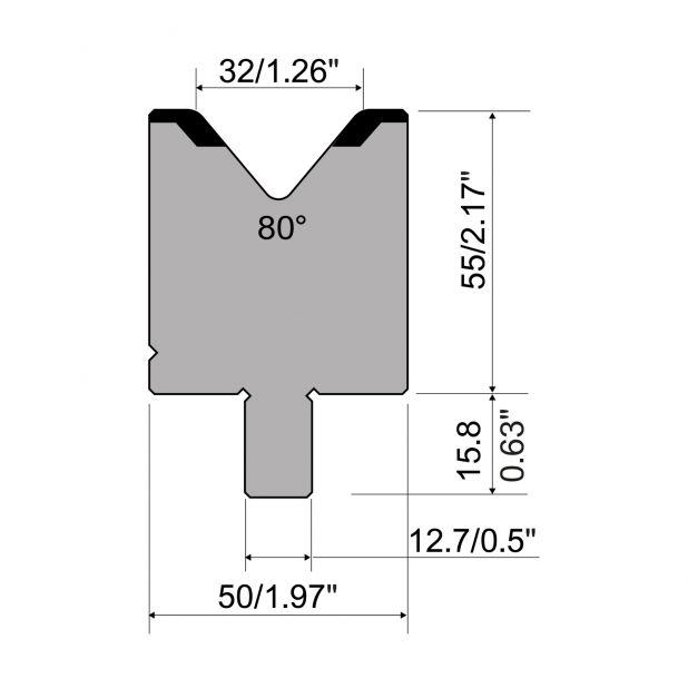 Matrize R5 American mit Arbeitshöhe=55mm, α=80°, Radius=4mm, Material=42cr, Max. Presskraft=1200kN/m.