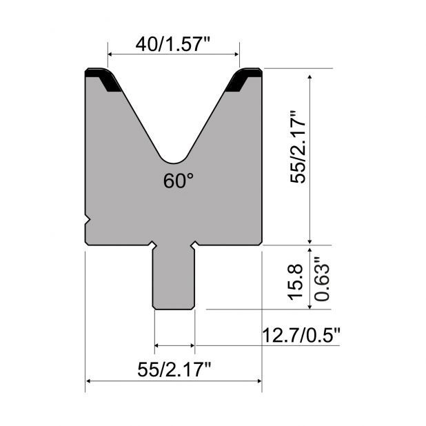 Matrize R5 American mit Arbeitshöhe=55mm, α=60°, Radius=5mm, Material=42cr, Max. Presskraft=1300kN/m.