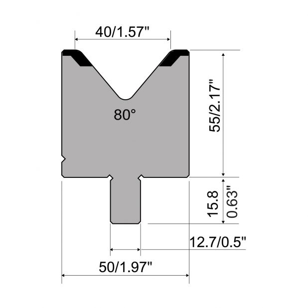 Matrize R5 American mit Arbeitshöhe=55mm, α=80°, Radius=4mm, Material=42cr, Max. Presskraft=1200kN/m.