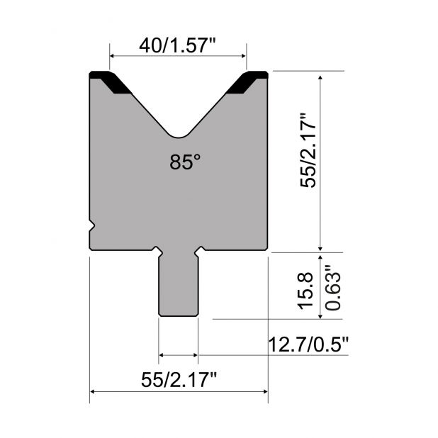 Matrize R5 American mit Arbeitshöhe=55mm, α=85°, Radius=4mm, Material=42cr, Max. Presskraft=1200kN/m.