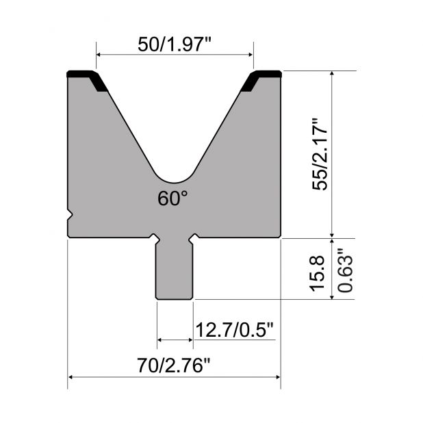 Matrize R5 American mit Arbeitshöhe=55mm, α=60°, Radius=5mm, Material=42cr, Max. Presskraft=1300kN/m.