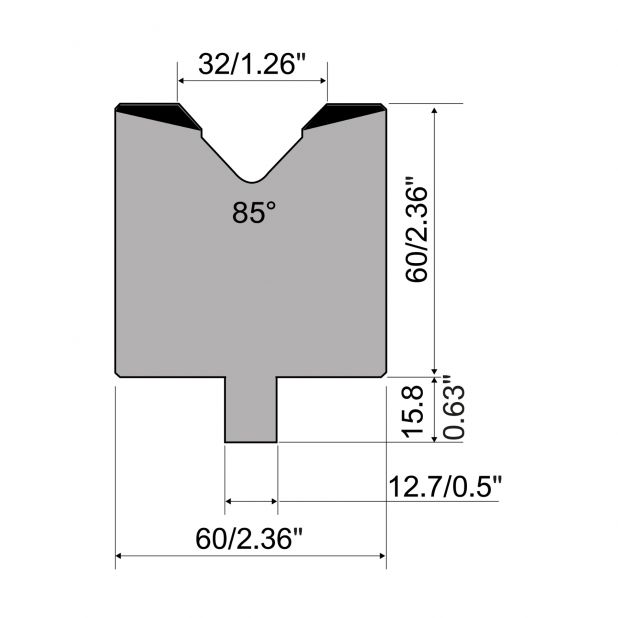 Matrize R5 American mit Arbeitshöhe=60mm, α=85°, Radius=4mm, Material=C45, Max. Presskraft=1000kN/m.