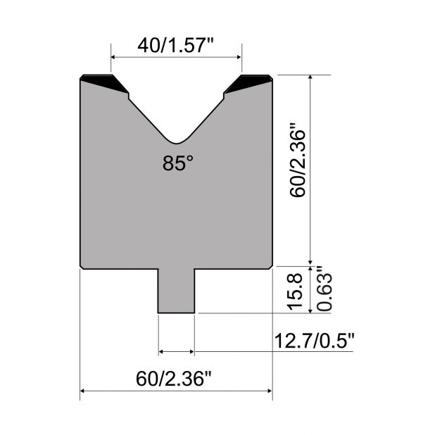 Matrize R5 American mit Arbeitshöhe=60mm, α=85°, Radius=4mm, Material=C45, Max. Presskraft=1000kN/m.