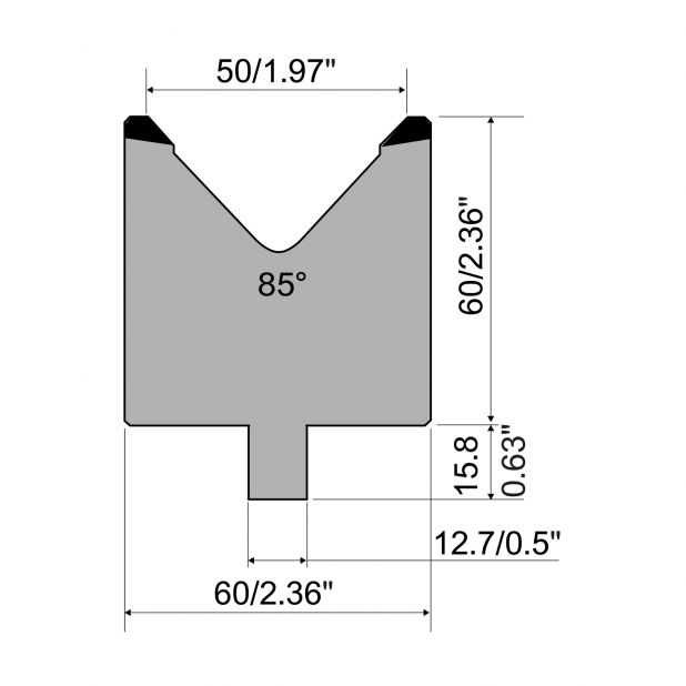 Matrize R5 American mit Arbeitshöhe=60mm, α=85°, Radius=4mm, Material=C45, Max. Presskraft=1000kN/m.