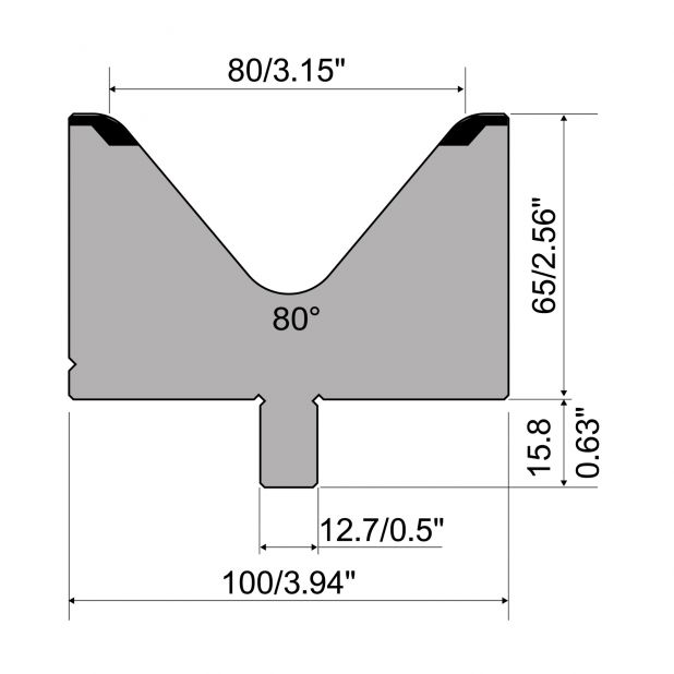 Matrize R5 American mit Arbeitshöhe=65mm, α=80°, Radius=10mm, Material=42cr, Max. Presskraft=1700kN/m.