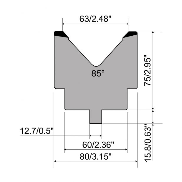 Matrize R5 American mit Arbeitshöhe=75mm, α=85°, Radius=5mm, Material=C45, Max. Presskraft=1000kN/m.