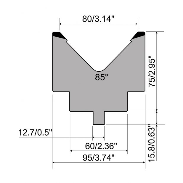 Matrize R5 American mit Arbeitshöhe=80mm, α=85°, Radius=6mm, Material=C45, Max. Presskraft=1000kN/m.