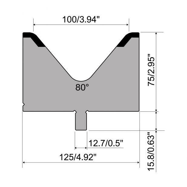 Matrize R5 American mit Arbeitshöhe=85mm, α=80°, Radius=12mm, Material=42cr, Max. Presskraft=2300kN/m.