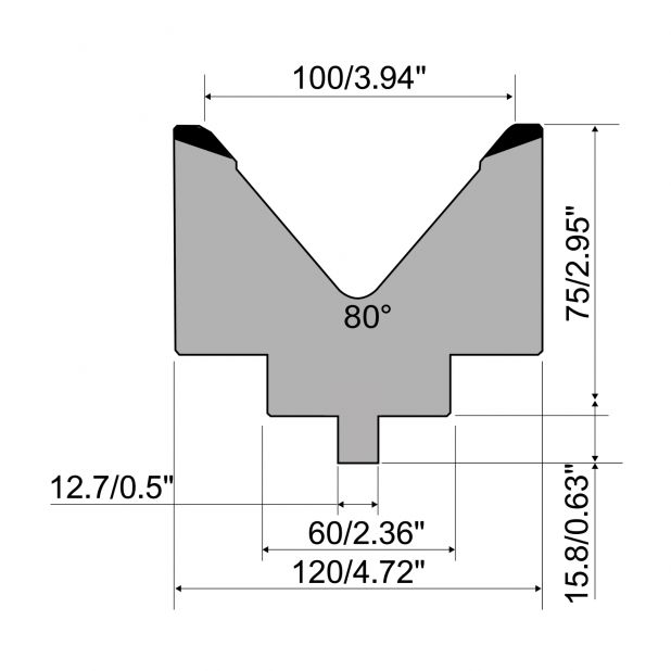 Matrize R5 American mit Arbeitshöhe=95mm, α=80°, Radius=8mm, Material=C45, Max. Presskraft=1000kN/m.
