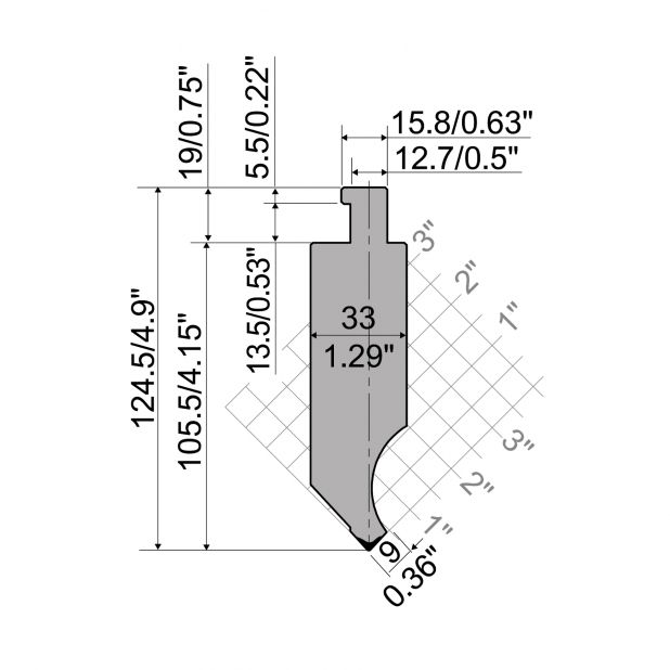Oberwerkzeug R5 American Serie CLASSIC mit Arbeitshöhe=105.5mm, α=85°, Radius=1.6mm, Material=42cr, Max. Pr