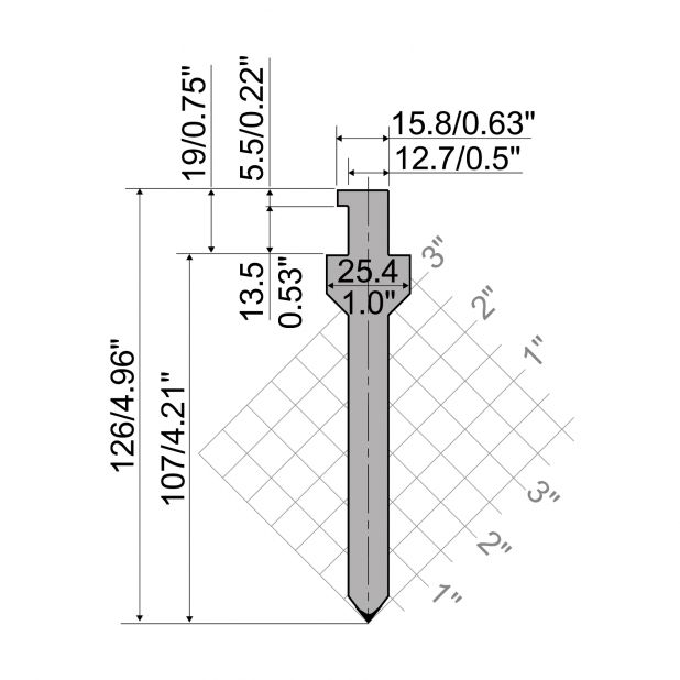 Oberwerkzeug R5 American Serie CLASSIC mit Arbeitshöhe=107mm, α=75°, Radius=3.2mm, Material=42cr, Max. Pres