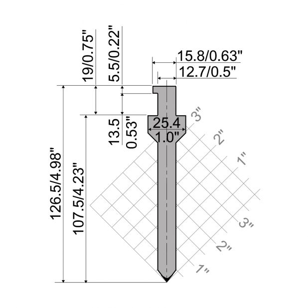 Oberwerkzeug R5 American Serie CLASSIC mit Arbeitshöhe=107,5mm, α=75°, Radius=1.6mm, Material=42cr, Max. Pr