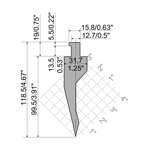 Oberwerkzeug R5 American Serie CLASSIC mit Arbeitshöhe=108mm, α=28°, Radius=3.2mm, Material=42cr, Max. Pres