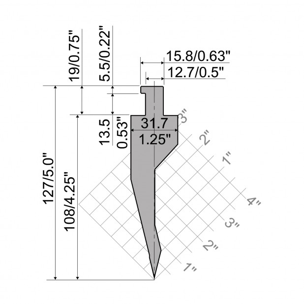 Oberwerkzeug R5 American Serie CLASSIC mit Arbeitshöhe=108mm, α=28°, Radius=0.8mm, Material=42cr, Max. Pres