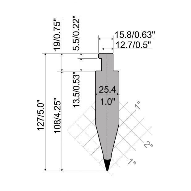 Oberwerkzeug R5 American Serie CLASSIC mit Arbeitshöhe=108mm, α=28°, Radius=0.8mm, Material=42cr, Max. Pres