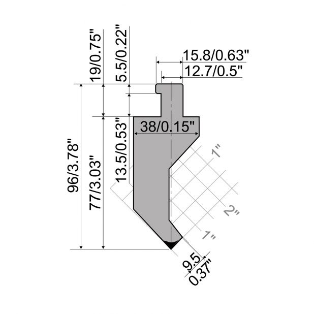 Oberwerkzeug R5 American Serie CLASSIC mit Arbeitshöhe=77mm, α=85°, Radius=0.4mm, Material=42cr, Max. Press