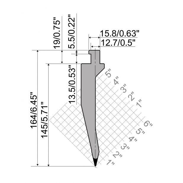 Oberwerkzeug R5 American Serie TOP mit Arbeitshöhe=145mm, α=26°, Radius=0.8mm, Material=42cr, Max. Presskra