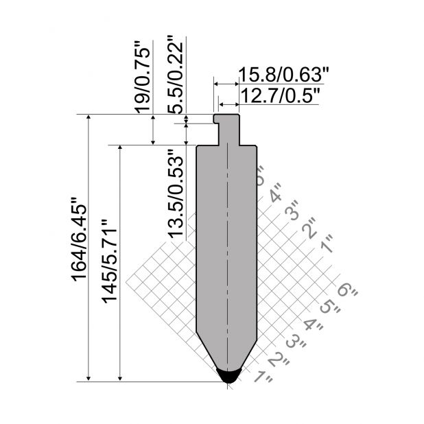Oberwerkzeug R5 American Serie TOP mit Arbeitshöhe=145mm, α=60°, Radius=5mm, Material=42cr, Max. Presskraft