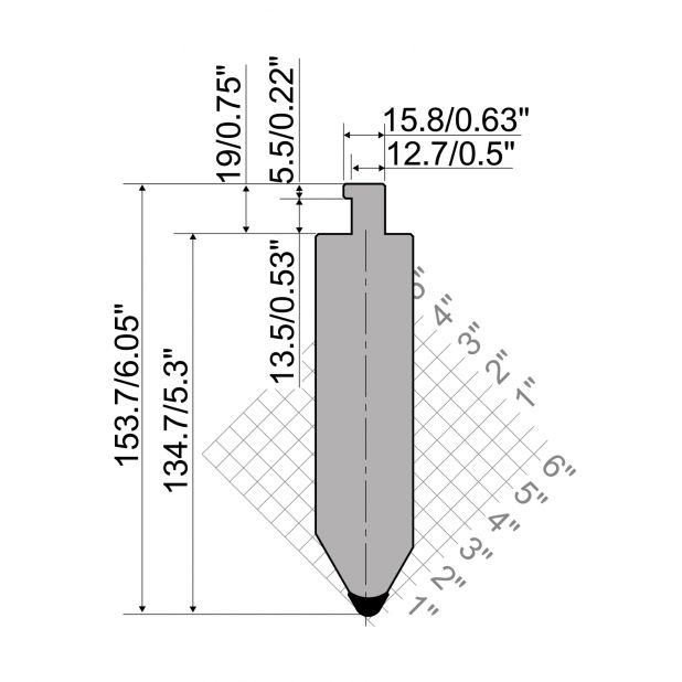 Oberwerkzeug R5 American Serie TOP mit Arbeitshöhe=138mm, α=60°, Radius=9.5mm, Material=42cr, Max. Presskra