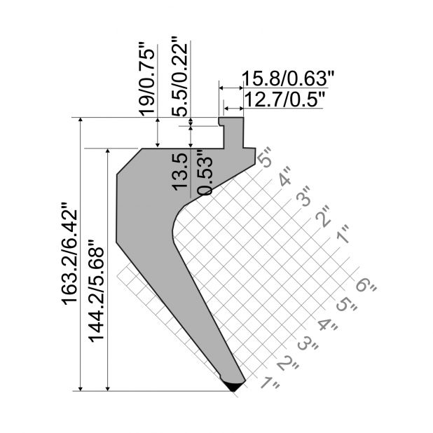Oberwerkzeug R5 American Serie TOP mit Arbeitshöhe=145mm, α=75°, Radius=0.8mm, Material=42cr, Max. Presskra