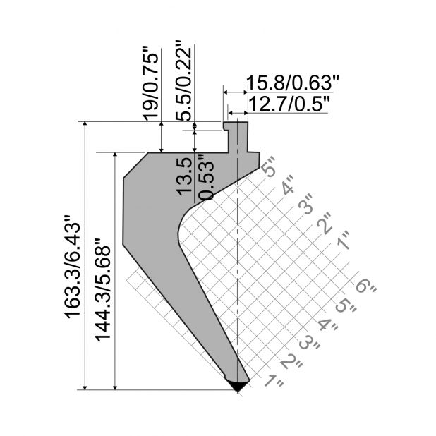 Oberwerkzeug R5 American Serie TOP mit Arbeitshöhe=144.3mm, α=85°, Radius=2mm, Material=42cr, Max. Presskra