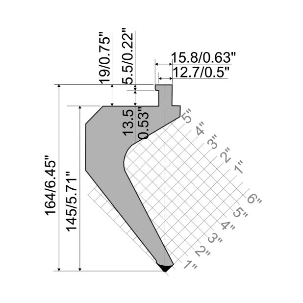 Oberwerkzeug R5 American Serie TOP mit Arbeitshöhe=145mm, α=85°, Radius=0.8mm, Material=42cr, Max. Presskra