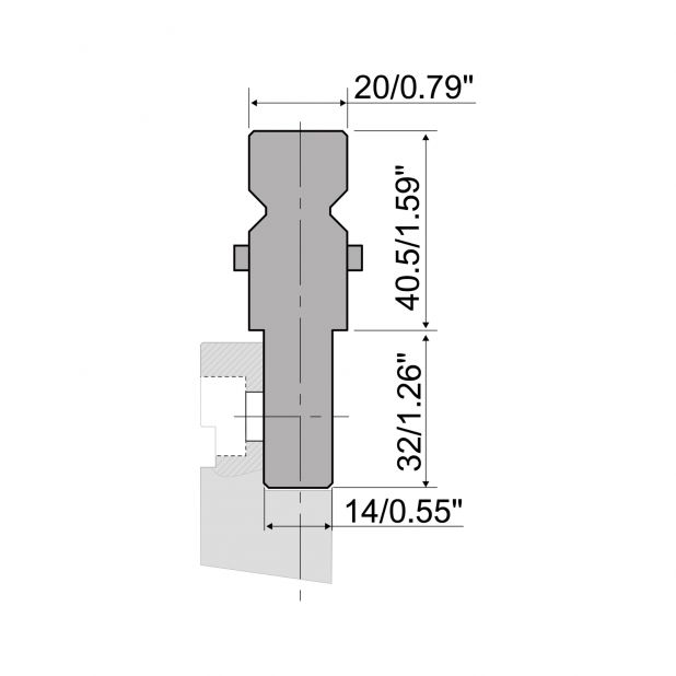 Angeschraubter Oberwerkzeugadapter. Max. Presskraft=1000kN/m. Von Werkzeugen Typ R2 zu Werkzeugen Typ R1.