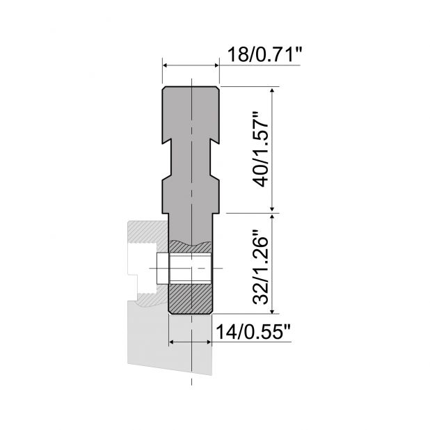 Angeschraubter Oberwerkzeugadapter in C45. Max. Presskraft=1000kN/m. Von Werkzeugen Typ R8 zu Werkzeugen Typ R