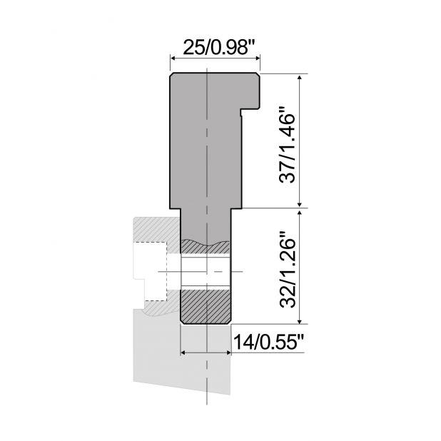 Angeschraubter Oberwerkzeugadapter in C45. Max. Presskraft=1000kN/m. Von Werkzeugen Typ R4 C zu Werkzeugen Typ