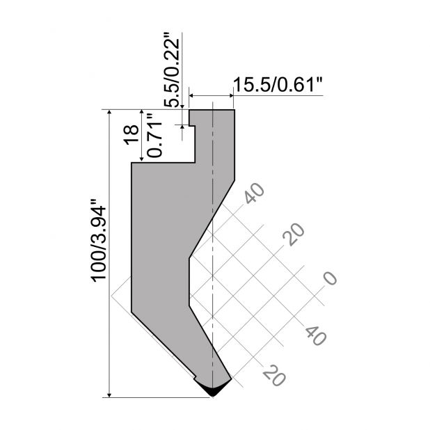 Oberwerkzeug RX Ajial-Axial mit Höhe=100mm, α=90°, Radius=1mm, Material=c45, Max. Presskraft=1000kN/m.