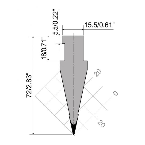 Oberwerkzeug RX Ajial-Axial mit Höhe=72mm, α=24°, Radius=0,5mm, Material=c45, Max. Presskraft=1000kN/m.