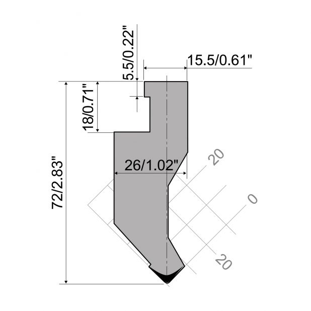 Oberwerkzeug RX Ajial-Axial mit Höhe=72mm, α=85°, Radius=1mm, Material=c45, Max. Presskraft=1000kN/m.