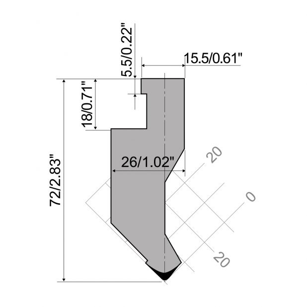 Oberwerkzeug RX Ajial-Axial mit Höhe=72mm, α=90°, Radius=1mm, Material=c45, Max. Presskraft=1000kN/m.