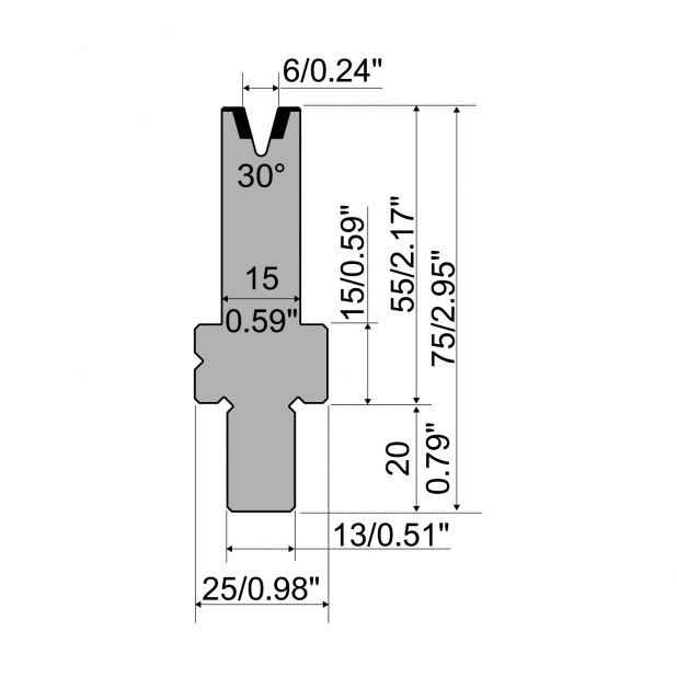 Matrize R2 mit Arbeitshöhe=55mm, α=30°, Radius=0,6mm, Material=42Cr, Max. Presskraft=350kN/m.