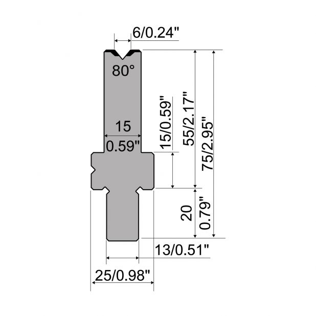 Matrize R2 mit Arbeitshöhe=55mm, α=80°, Radius=0,4mm, Material=42Cr, Max. Presskraft=1150kN/m.