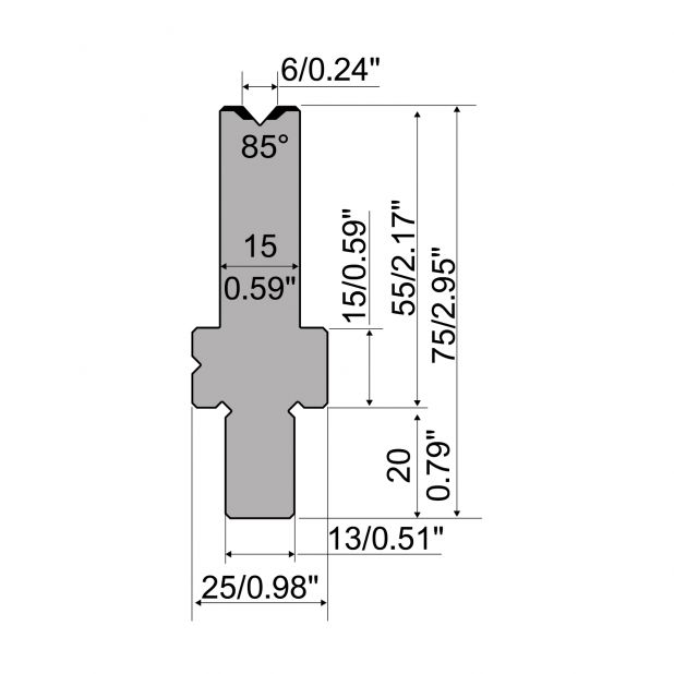 Matrize R2 mit Arbeitshöhe=55mm, α=85°, Radius=0,4mm, Material=42Cr, Max. Presskraft=1150kN/m.