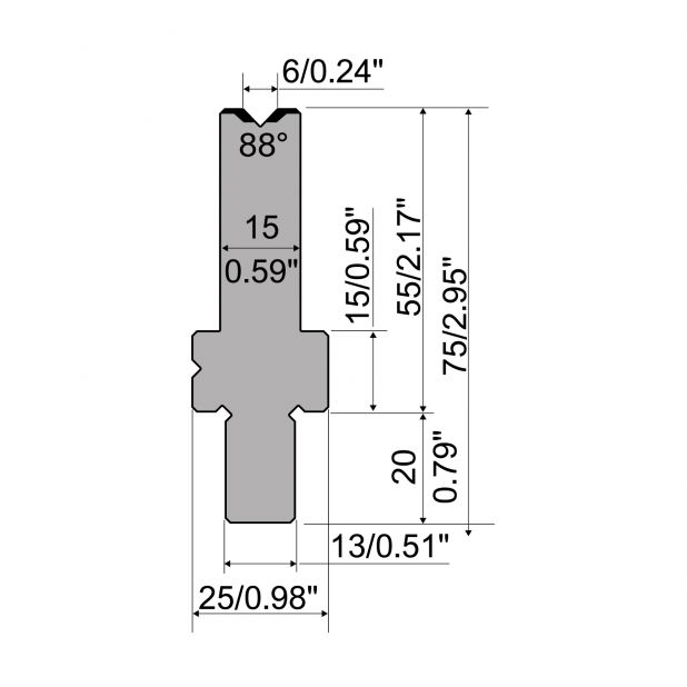 Matrize R2 mit Arbeitshöhe=55mm, α=88°, Radius=0,4mm, Material=42Cr, Max. Presskraft=1150kN/m.